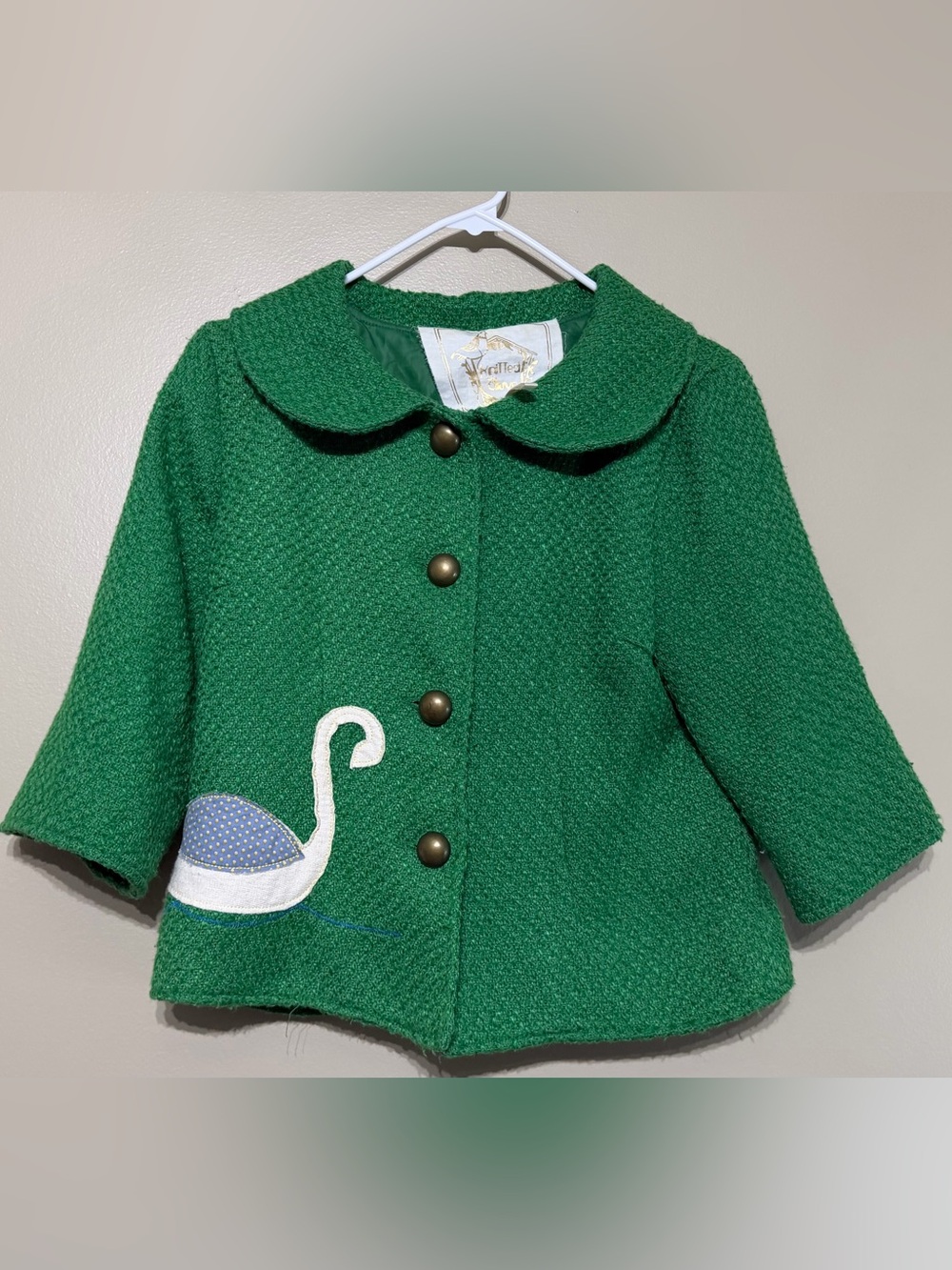 Anthropologie Knitted Dove Peter Pan Collar Swan Embroidered Patch Crop Jacket